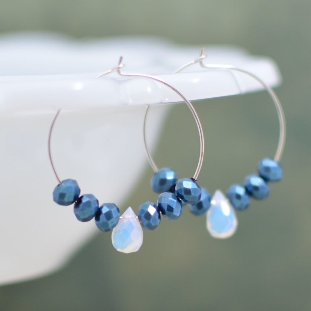 Silver Hoop Earrings with Sapphire Crystal Beads